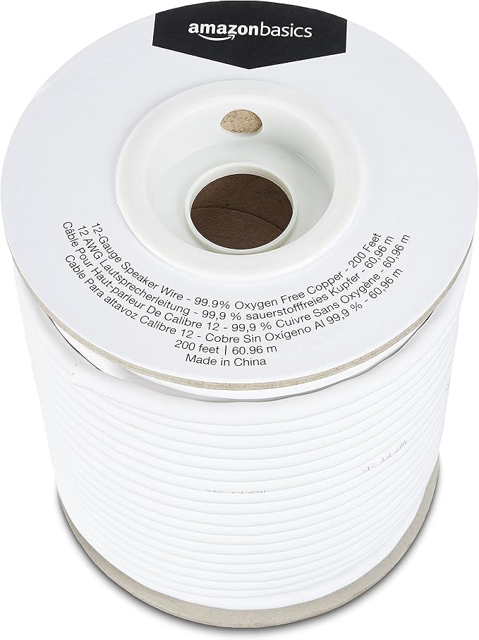 Amazon Basics 12- Gauge Speaker Wire Cable, 99.9% Oxygen -Free Copper, 200-Foot, White
