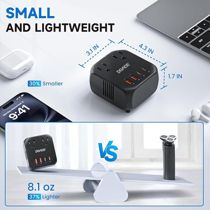 DOACE 2000W 220V to 110V Converter for European Travel for Hair Dryers, Voltage Converter US to Europe with Fast Charging Power Converter Adapter Combo with 4 USB Ports Step Down Transformer
