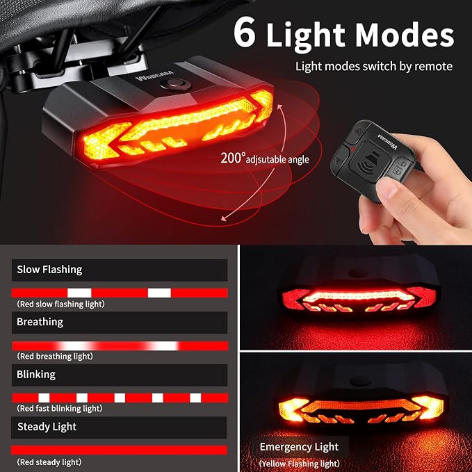 WSDCAM Smart Bike Seat/Bike Basket Tail Light with Turn Signals and Brake Light, Bike Alarm Horn with Remote, Rechargeable Rear Bike Light for Night Riding, Waterproof Bicycle Tail Light with Mount