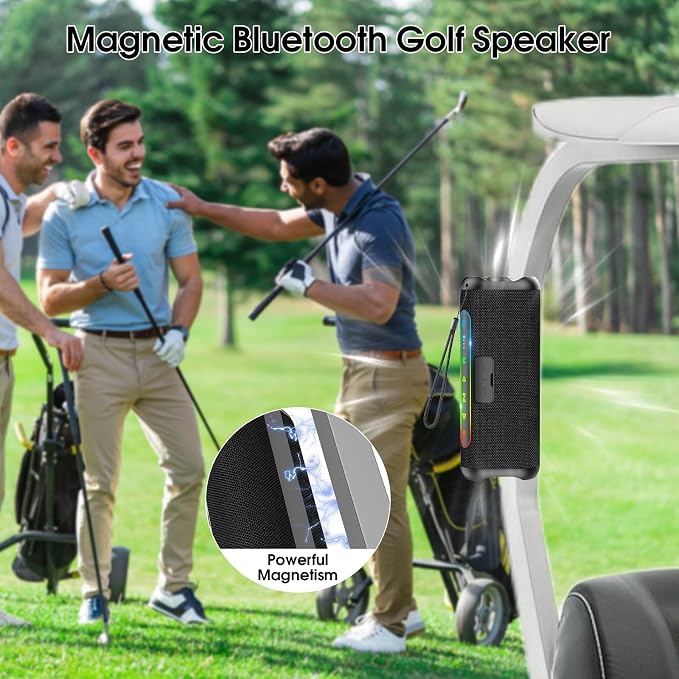 Magnetic Bluetooth Speaker for Golf Cart, 24H Playtime, IPX7 Waterproof, Wireless Outdoor Portable Speakers with Strong Magnet, Loud Stereo Sound for Golf, Bike, Camping, Party, Beach, Gifts for Men