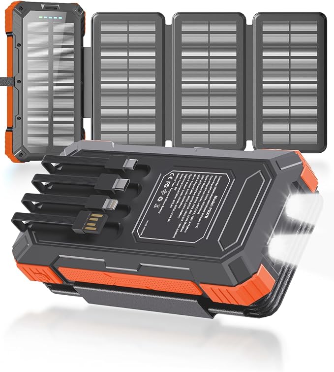 Power Bank 2 Pack, Portable Charger +Solar Battery Pack with 4 Built-in Cables & 4 Foldable Panels for Outdoor Camping