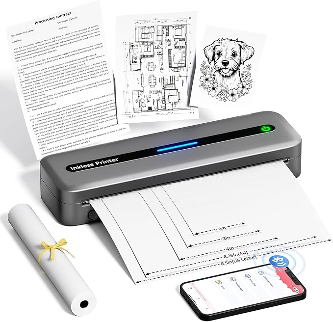 Wireless Inkless Thermal Printer, Bluetooth Mobile Printer for Phone & Laptop, Portable Travel Printer with 300 dpi, Supports US Letter Thermal Paper, Compatible with Mac/Windows