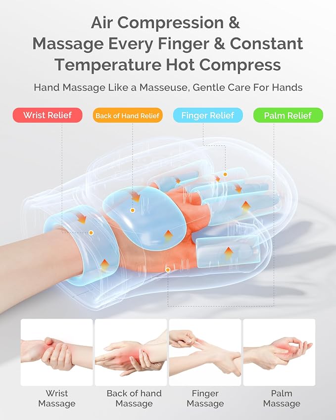 AIRSEE Hand Massager with Heat and Compression for Arthritis Carpal Tunnel Relief, 3 Massage Modes 3 Heating Levels 5 Intensities, Cordless Rechargeable Portable Pain Relief, Gift for Women Men