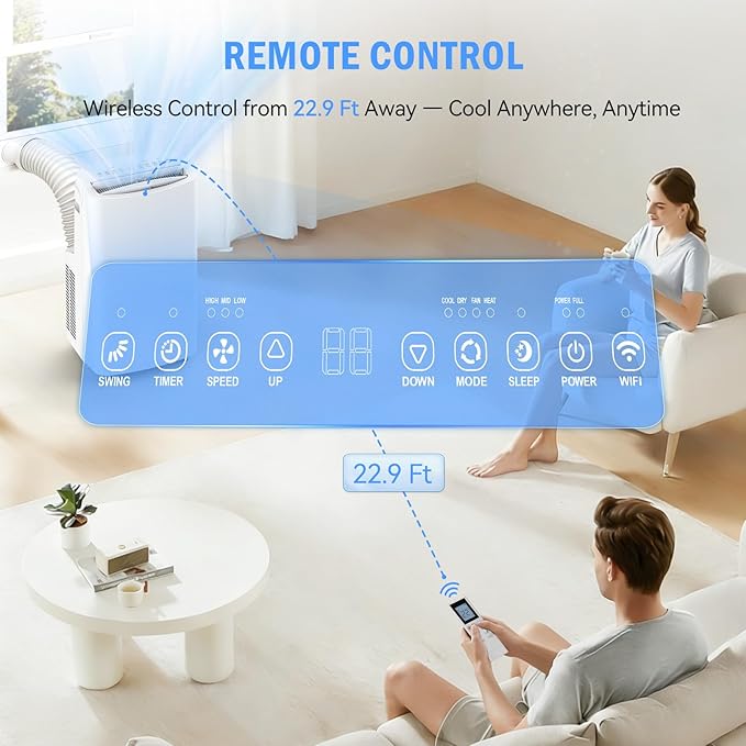 16,000 BTU Portable Air Conditioner, 3-in-1 AC Unit Cools/Dehumidifies/Fan, Wi-Fi Smart for Room Up to 800 Sq.Ft, Remote Control, 360° Wheels for Bedroom Large Room