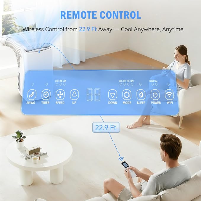 14,000 BTU Portable Air Conditioner & Heater Combo, 4-in-1 AC Unit Cools/Heats/Dehumidifies/Fan, Wi-Fi Smart for Room Up to 700 Sq.Ft, Remote Control, 360° Wheels for Bedroom Large Room