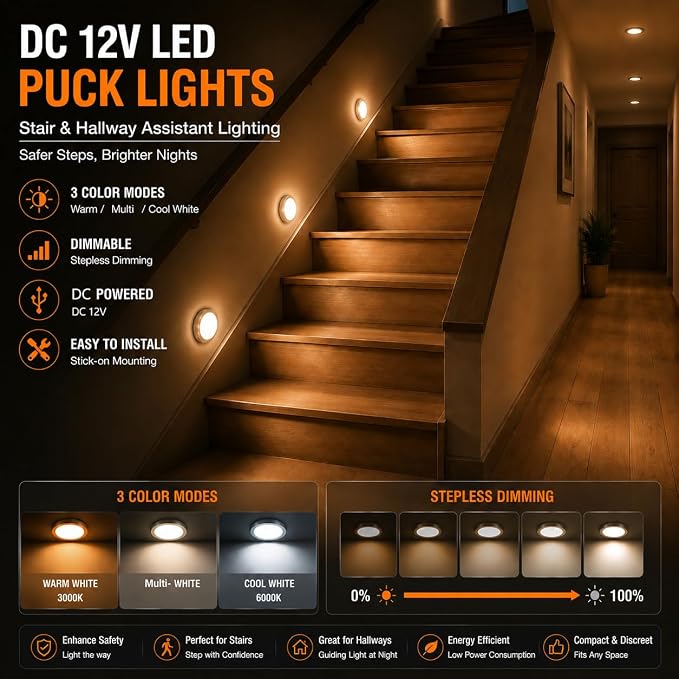 Smart LED Puck Lights, Dimmable Under Cabinet Lighting with Bluetooth App Control, Music Sync, Timer, DC 12V Adaptor (2Pack, Multi-White)