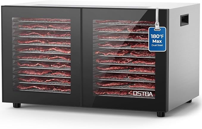 OSTBA Dual Zone Food Dehydrator, 20 Stainless Steel Trays, 1300W Dual Layer Food Dryer, 180℉ Adjustable Temp, 48H Digital Timer, 10 Presets for Jerky, Meat, Fruit, Herbs, Home & Commercial Use