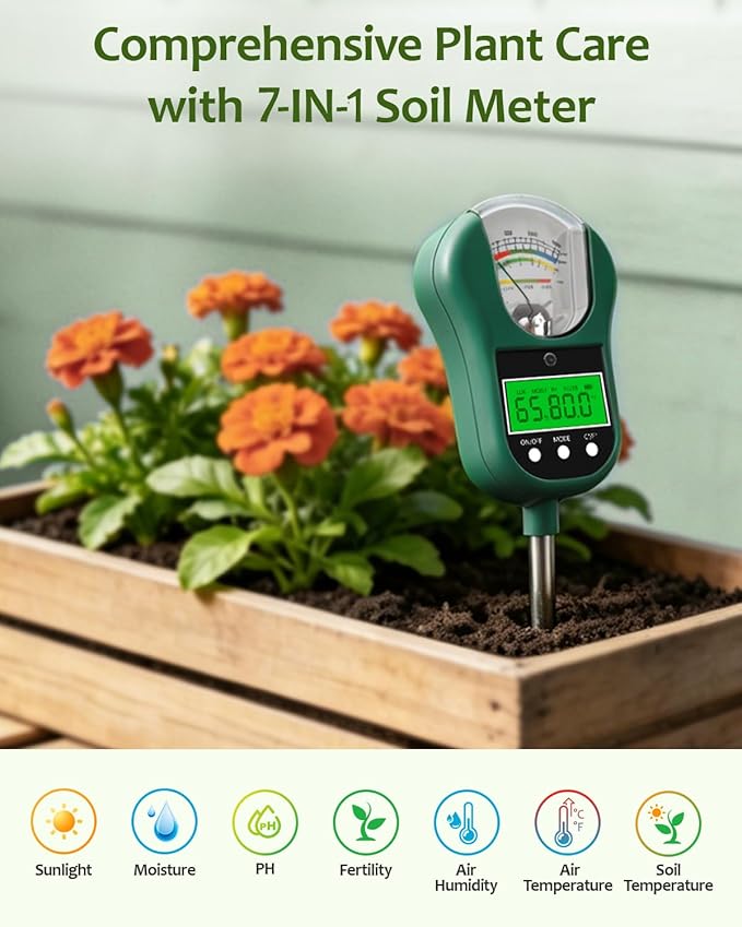 7-in-1 Soil Test Kit, Soil Moisture Meter/pH Meter/Light Intensity/Fertility/Air & Soil Hygrometer Temperature with Large Dual Display for Garden,Lawn, Farm, Indoor Outdoor Plants-OliveGreen