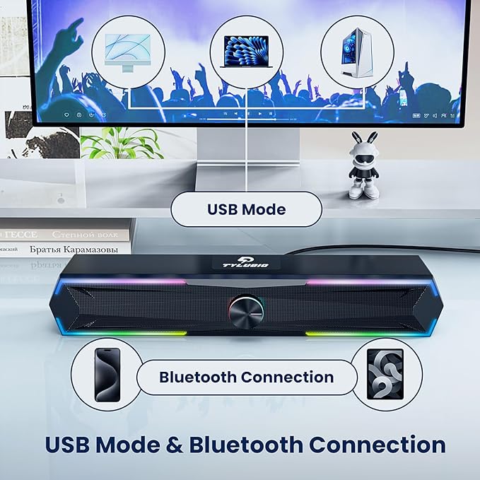 Tylubio Computer Speakers for Pc Desktop with Clear Sound, Flowing LED PC Speaker for Computer Desktop Laptop Monitor, Bluetooth & USB Input Black