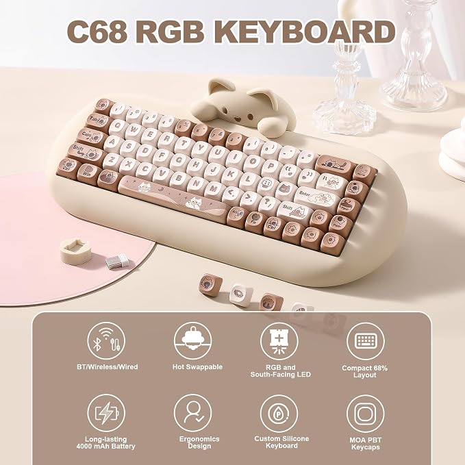 YUNZII C68 Wireless Mechanical Keyboard,65% Layout,Hot Swap,Triple Mode BT5.0/2.4G/Wired, RGB Backlit NKRO,Cute Cat Silicone Ergonomic Design for Win/Mac(Brown, Cocoa Cream V2 Switch)