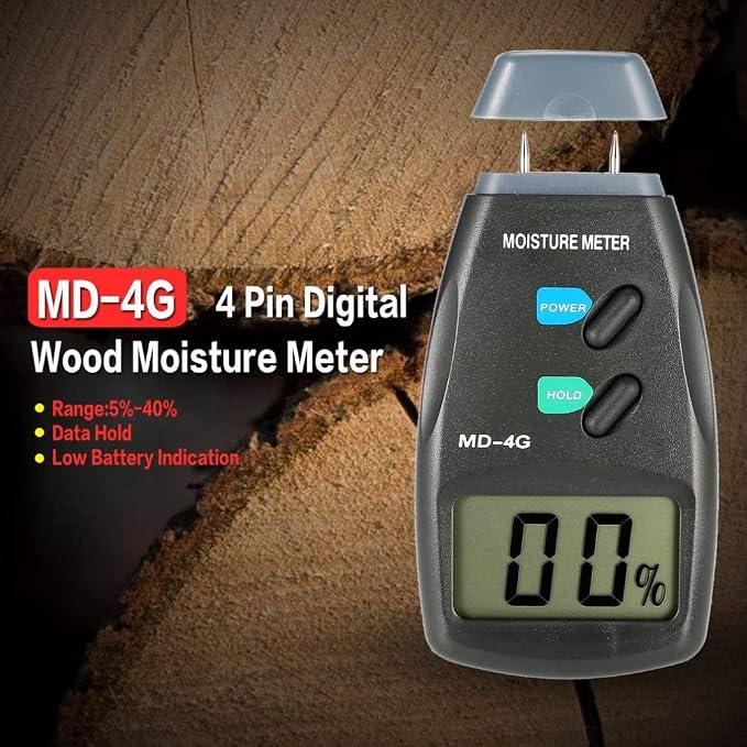 Digital Wood Moisture Meter 4 Pin, Accurate Handheld Lumber Humidity Tester with LCD Display for Lumber, Firewood, Bamboo, Forestry, Drywall & Woodworking Applications (ZONV MD-4G, Pin Moisture Meter)
