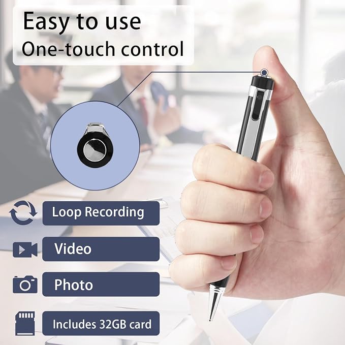 SRVR Hidden Camera Pen — 1080P Spy Pen Camera with Video Recording | 32GB Local Storage, 120-Min Battery, Portable Mini Body Camera | For Meeting & Home Monitoring (Bright Silver)