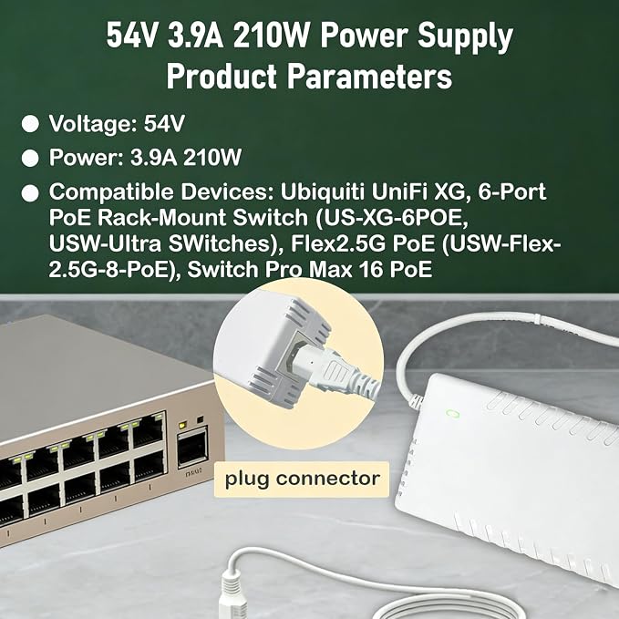 uacc-adapter-ac-210w 54v Power Supply Adapter 210W Compatible with Ubiquiti Ultra (USW-Ultra-210W), USW-Pro-Max-16-PoE (180W) Pro Max 16 PoE, and Flex 2.5G PoE (USW-Flex-2.5G-8-PoE) Models