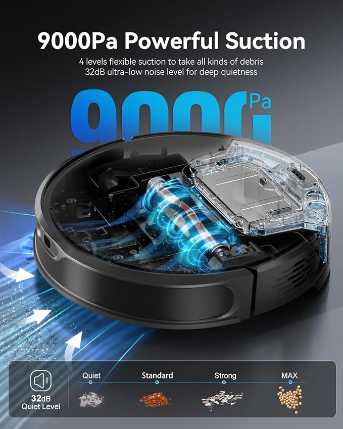 Robot Vacuum and Mop Combo, LiDAR Navigation with Ultra Slim Design, Smart Mapping Robotic Vacuum Cleaner, 9000Pa Suction, Customizable Cleaning for Pet Hair, Carpets,Hard Floors (Light Black)