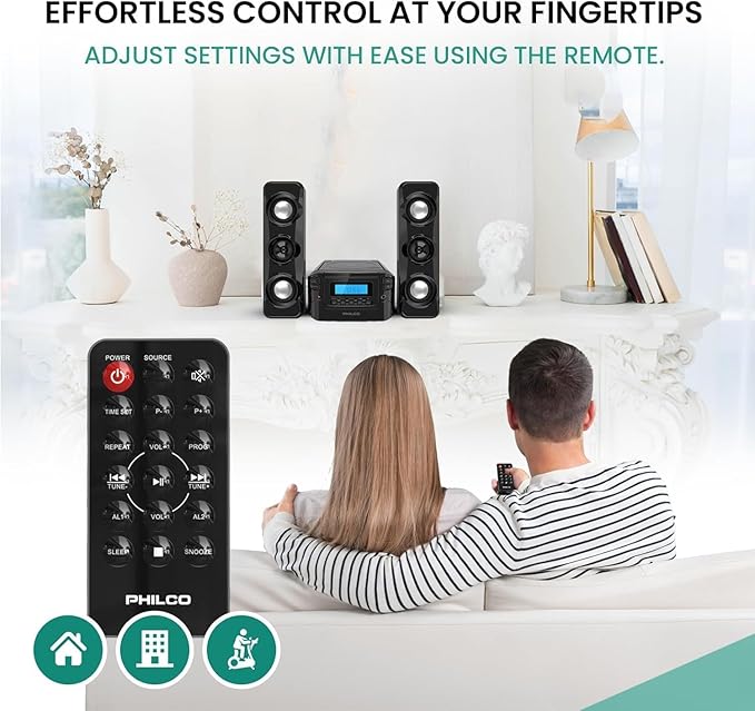 Philco Stereo Shelf Systems Compact CD Shelf System with Digital FM Stereo Radio, Bluetooth Wireless Technology, and Remote Control | LCD Display | MP3 & AUX Port Compatible | USB Playback (Black)
