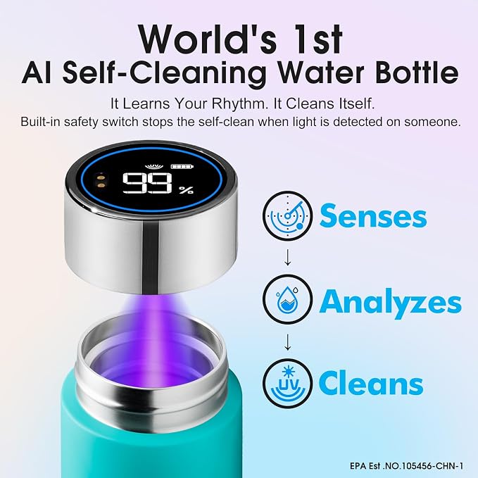 Vsitoo Smart self cleaning Insulated Water Bottle, 15oz Stainless Steel Vacuum Flask, AI Self-Clean, 30-Day Battery Life, BPA-Free, Magnetic Charging, Portable Travel Mug Gifts for Men Women, Blue