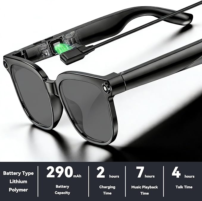 AI Smart Glasses with Camera,8MP Camera Glasses,1080P Anti-Shake Video Recording, Real Time Translation,AI Voice Assistant,Object Recognition,Bluetooth Sunglasses for Men Women(Black Lenses)