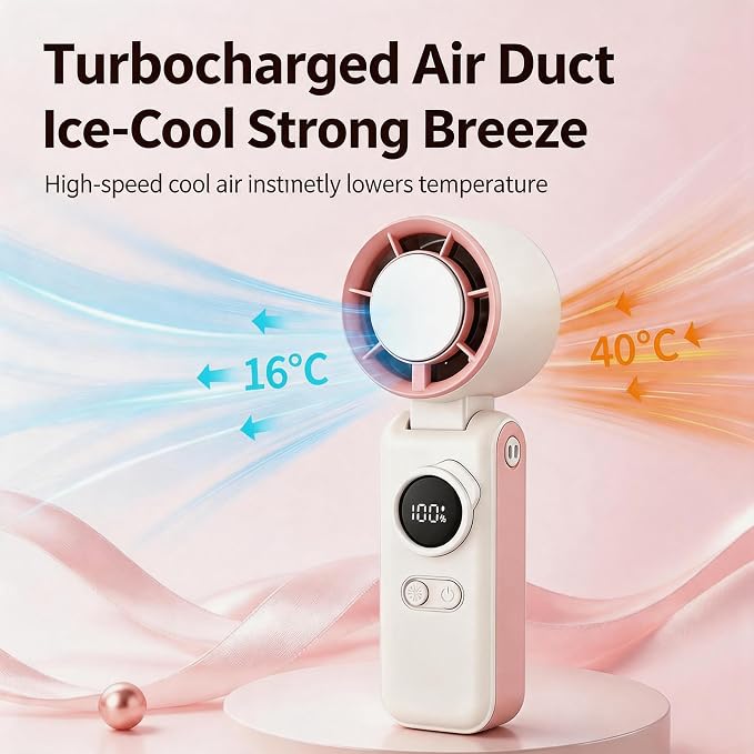 Portable Handheld Air Conditioners Fan with Semiconductor Ice Cooling,199 Speed Strong Wind,6000mAh Rechargeable,3-in-1 Mini AC Cooler Fan(Hand/Neck/Desk),Personal Turbo Fans for Outdoor Travel (Pink）