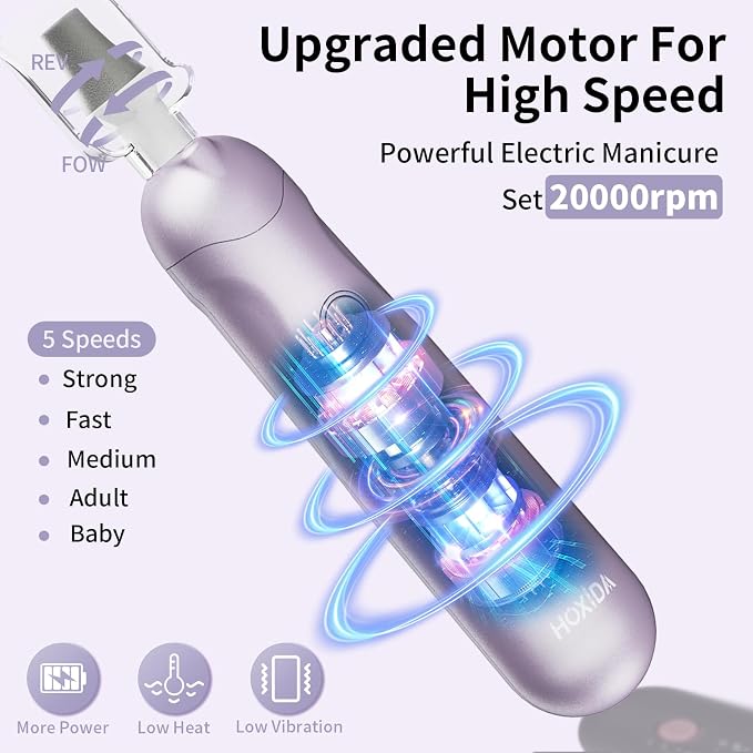 Professional Manicure Pedicure Kit, Cordless Electric Nail File Set, Rechargeable Pedicure Tools for feet, 5 Speeds Hand Foot Care Nail Drill for Thick Nail Toenail Cuticle Women Men Baby Pets-Purple