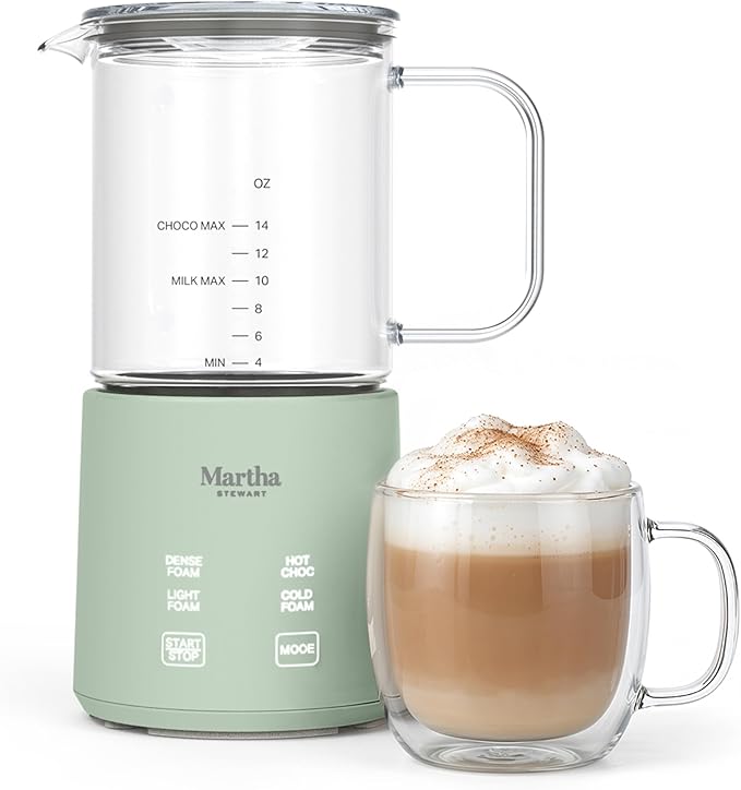 Martha Stewart Milk Frother and Steamer, 10oz/300ml Glass Cup, 4 Presets (Cold Foam, Light, Dense & Hot Chocolate), Ready in 90 Seconds, Cordless Pouring, One-Touch for Hot and Cold Milk, Honeydew