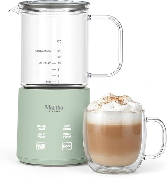 Martha Stewart Milk Frother and Steamer, 10oz/300ml Glass Cup, 4 Presets (Cold Foam, Light, Dense & Hot Chocolate), Ready in 90 Seconds, Cordless Pouring, One-Touch for Hot and Cold Milk, Honeydew