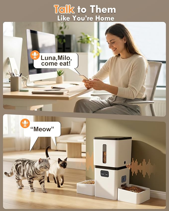 Yakry Automatic Cat Feeder for 2 Cats - Two HD Cameras Easy Setup 5GHz Stable WiFi Dog Food Dispenser with HD Night Vision - 8L Pet Feeder with Dual Bowls for Multi-Cat & Small Dogs Indoor
