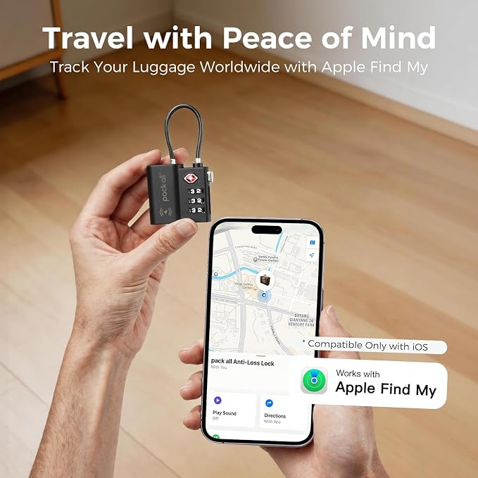 pack all Anti-Lost Tracking Luggage Lock, Smart TSA Approved Cable Lock with 3-Digit Combination, Built-in Tracker, Compatible with Apple Find My (Black, 1-Pack)