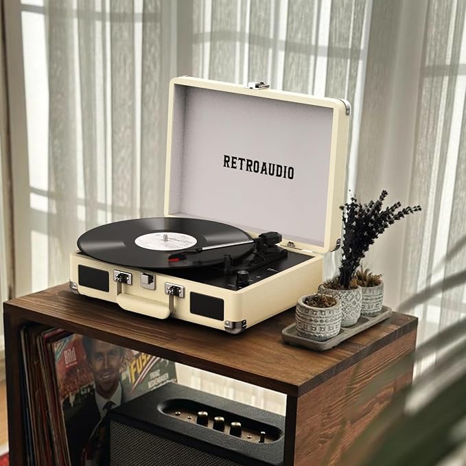 Vinyl Record Player with Built-in Speakers 3-Speed Vintage Record Player Bluetooth Portable Suitcase Turntable Belt-Driven LP Player Support RCA Output and Headphone Output (Creamy White)