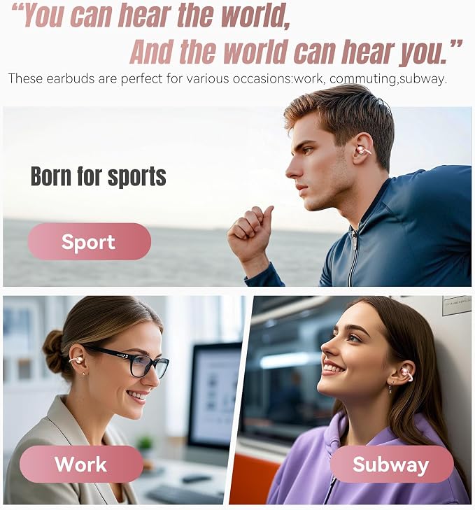 King Lucky Next-gen Clip on Earbuds Open Ear Wireless Bluetooth 6.0 Headphones with Mic,50H Play,ENC,IPX5 Waterproof,Sports Ear Buds,Comfortable for Small Ears&Fitness,Running (LED Display, Pink)