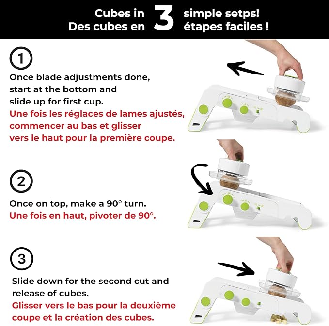 Starfrit Cubing Pro Mandoline Slicer, Dicer - 4 Blades & Graters with Storage Box - Straight & Crinkle V-Blades, Fine & Coarse Graters - 10 Thickness Settings, 3 Julienne Sizes - Self-Feeding Pusher