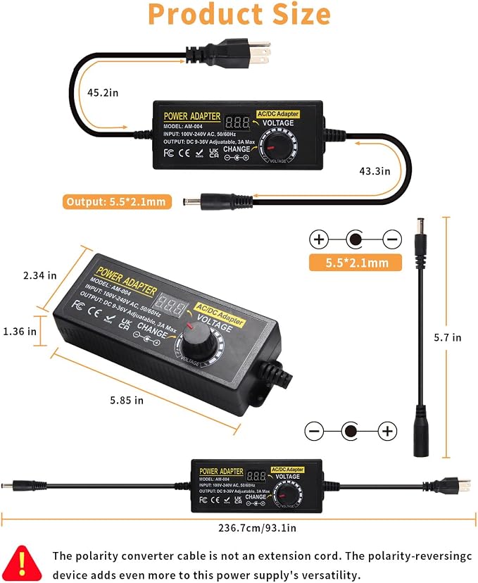 108W Universal Power Supply 9V 12V 14V 15V 16V 18V 19V 20V 24V 30V 36V Adjustable Variable AC/DC Adapter with Voltage Displays, 100V-240V AC to DC 9V~36V Converter 0.5A 1A 1.2A 1.5A 2A 2.5A 3A Max
