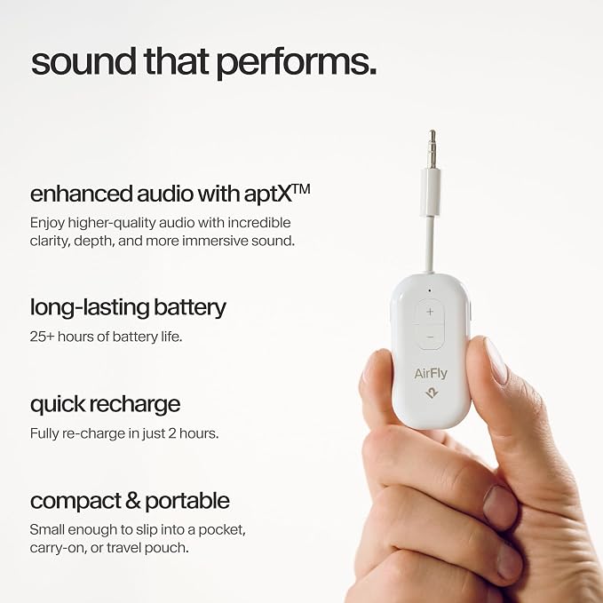 AirFly Pro 2 – Bluetooth Adapter, Pair 2 AirPods or Wireless Headphones – 3.5mm AUX Bluetooth Transmitter and Receiver for Cars, Boats, Treadmills, TVs & More – Travel Essentials,White
