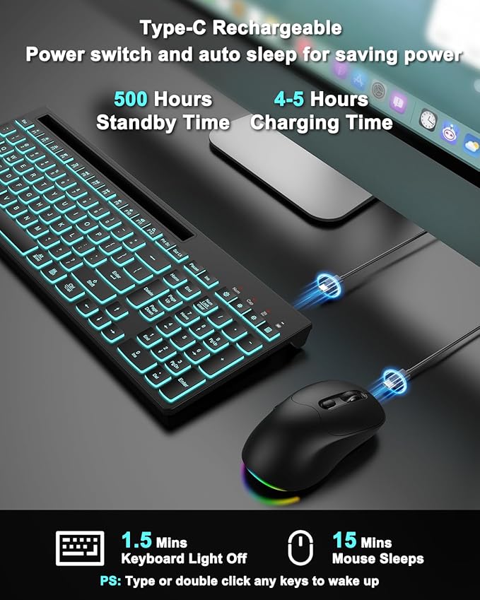 Wireless Keyboard and Mouse Combo, 7 Backlit Effects, Light Up Letters, Rechargeable, Phone Holder, 6 Button Mouse, Ergonomic Tilt Angle, 2.4GHz Silent USB Keyboard Mouse for Laptop, PC