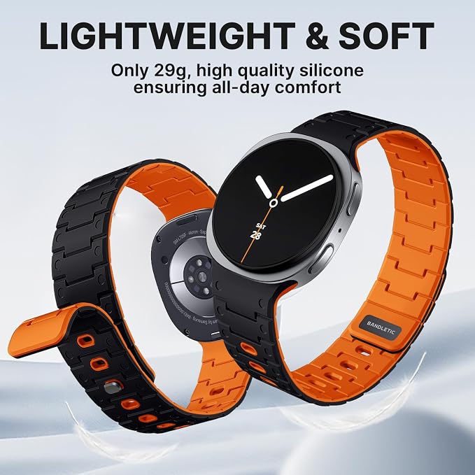 Bandletic Silicone Magnetic Band Compatible with Samsung Galaxy Watch 8 40mm 44mm / 8 Classic 46mm 2025, No Gap Soft Sport Wristbands Breathable Replacement Strap for Men Women, Black/Orange