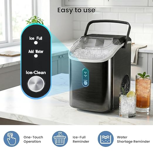 Antarctic Star Nugget Ice Maker Countertop, Chewable Pellet Ice Machine with Self Cleaning Function, Pebble Portable Ice Maker with Ice Scoop for Home Kitchen Office (Black)