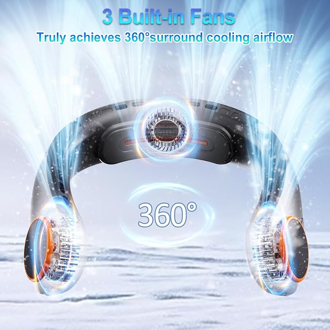 Portable Neck Fan, 5000mAh Bladeless Fan with 3 Built-in Fans, Instant Cooling 360° Surround Airflow & LED Display, Wearable Personal Fan for Outdoor, Travel, Gifts for Women Men (Black)