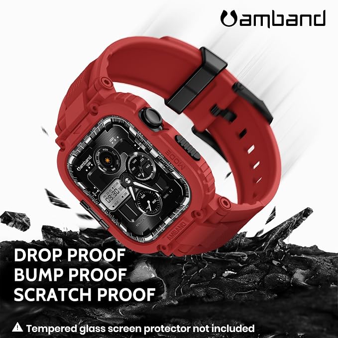 amBand Compatible with Apple Watch Series 11/10 42mm Bands Case for Men Women, M1 Sport Rugged Heavy Duty Protective Cover Tactical Strap Military Protector Bumper for iWatch Accessories - Mars Red