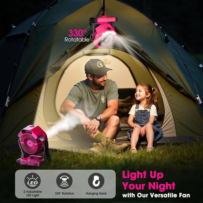 Ausic Portable Misting Fans, [Max 35H Runtime] Pink Outdoor Cooling Fan for Patios, 8 Inch Battery Operated Rechargeable Fans, Water Spray Fan with LED Light for Pets/Travel Beach Camping Essential