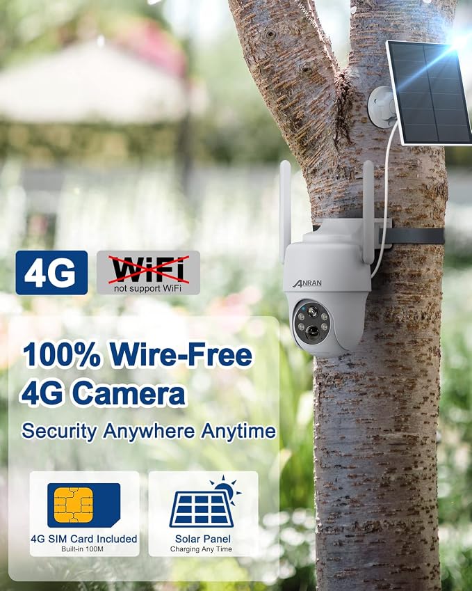 ANRAN 4G LTE Cellular Solar Security Camera Wireless Outdoor, No WiFi Solar Powered Camera, 360° Live View, 2K Color Night Vision, 2 Way Talk, Built in SIM Card & 32GB SD Card