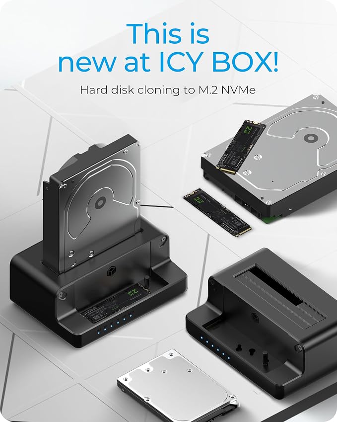 M.2 NVMe & SATA SSD/HDD Hard Drive Docking Station, ICY BOX USB-C 10Gbps M.2 NVMe&SATA Cloner&Reader, Dual Bay Hard Drive cloner for 2.5"/3.5" SSD&HDD Hard Drives, 2 Way Offline Cloning Clone Station