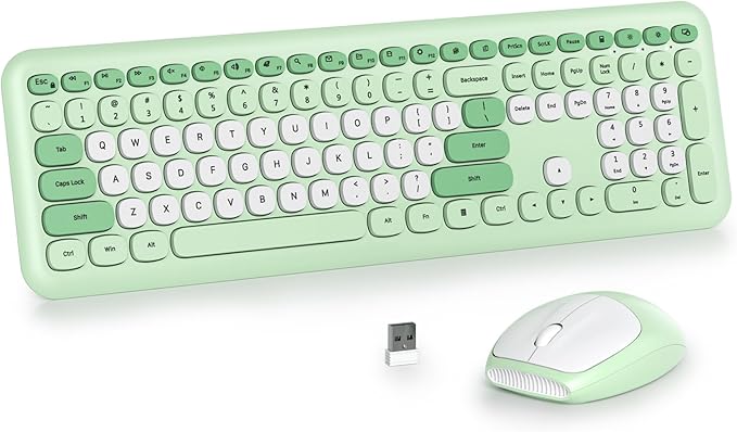 Wireless Typewriter Keyboard and Mouse Combo Retro 104 Key Full Size Office Set Green with Silent Round Keycaps,Ideal for Laptop and Desktop PCs, Cute Design Keyboard (Green White)