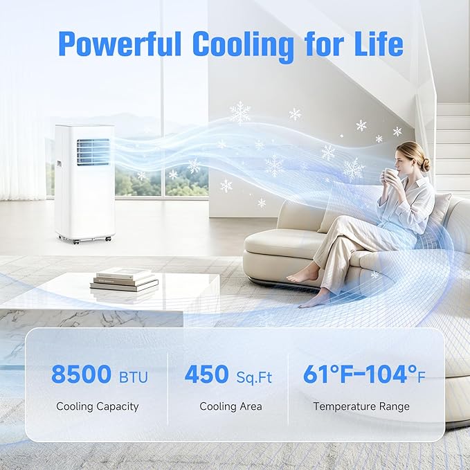 Portable Air Conditioner, 3-in-1 8500 BTU AC Unit with Fan & Dehumidifier – Quiet Cooling for Bedroom, Home Office up to 450 sq.ft, Includes Complete Window Mount Kit