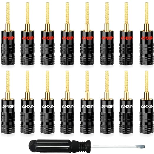 Flex Pin Connectors (8 Pairs, 16 Pieces), Closed Screw Type, 24K Gold Plated Banana Plugs for Spring-Loaded Speaker Terminals, Support 12 AWG to 18 AWG Wires