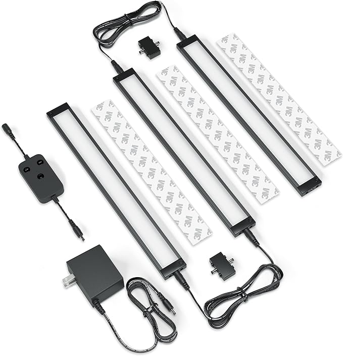 EShine 3 Pack 12 inch Black Smart Dimmable LED Under Cabinet Lighting Kit Compatible with Alexa, Google - Cool White (6000K)