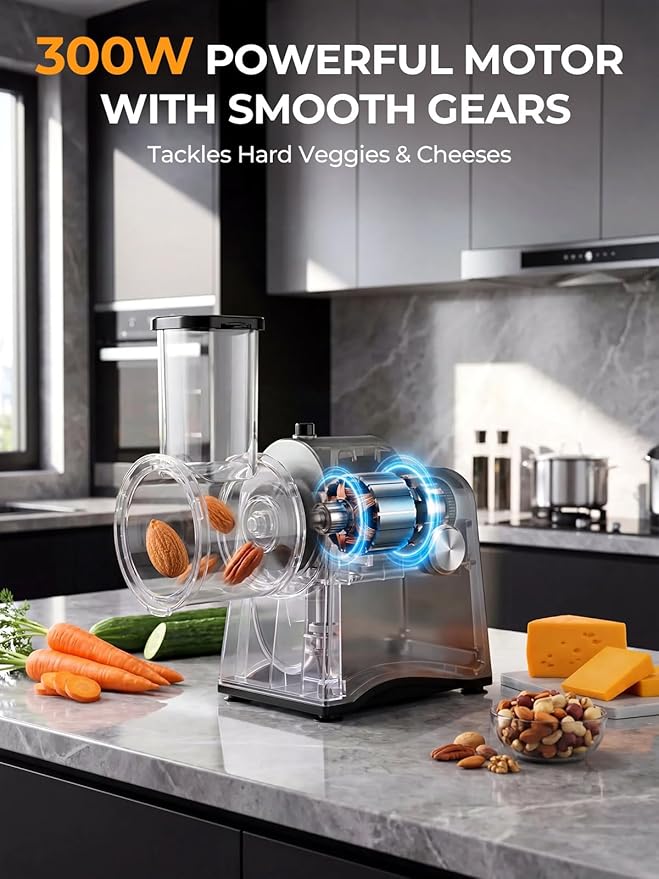FOHERE Upgraded Electric Cheese Grater, 300W DC Motor Salad Shooter, 6-in-1 Electric Vegetable Slicer Shredder with Widened Feeding Port for Block Cheese, Vegetables Nuts, One-Touch Control