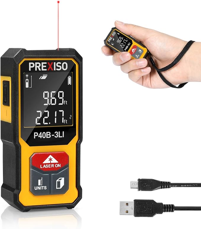PREXISO Mini Laser Measurement Tool, 135Ft Rechargeable Laser Distance Meter Ft/Ft+in/in/M Unit, Laser Measure with High Accuracy, Pythagorean, Distance, Area, Volume Modes