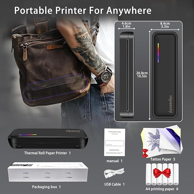 Portable Wireless Thermal Printer for Home & Travel - Mini Bluetooth Inkless Printer Compatible with 8.5"x11" US Letter & A4 Size- Works with iOS, Android & Laptops - Ideal for Tattoos, Office(Black)