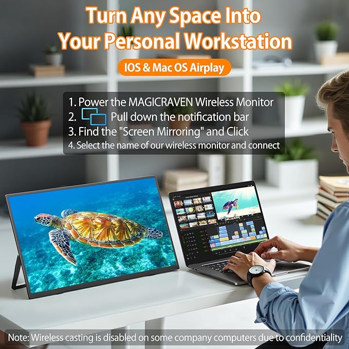 MAGICRAVEN Wireless Portable Monitor for Laptop, 18.5" Portable Monitor with Battery-1080P FHD Second Screen for Home & Office, AirPlay & Miracast Casting, No Cables or Drivers Needed