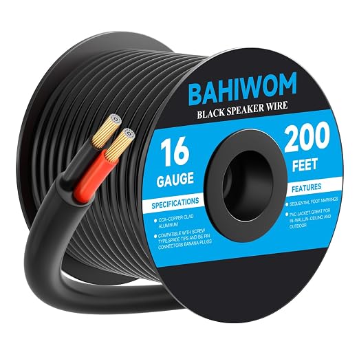 16 Gauge Speaker Wire 200 Feet CL3 Related CCA Black Cable with 2 Conductors for Outdoor Direct Burial Backyard Garden Home Car in-Wall Speaker
