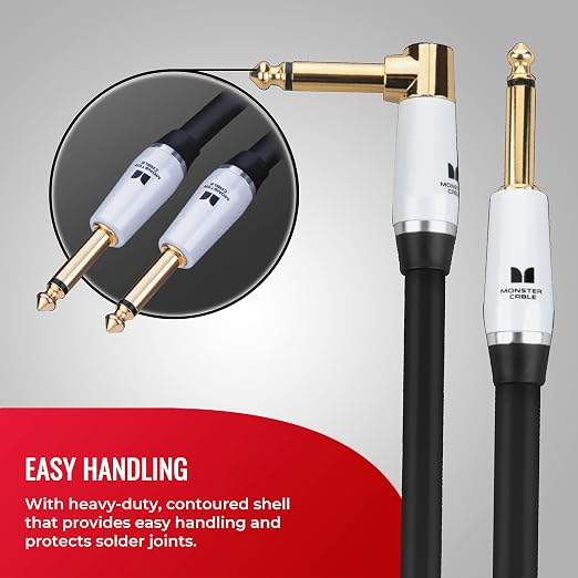 Monster Prolink Studio Pro 2000 Instrument Cable, 12 ft Right Angle to Straight Guitar Cable, 24k Gold Contacts, 95% Copper Braided Shielded Amp Cord, Duraflex Jacket for Electric Guitar & Bass